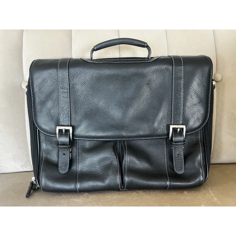Johnston & Murphy Leather Flapover Briefcase Black Laptop Messenger Bag Shoulder